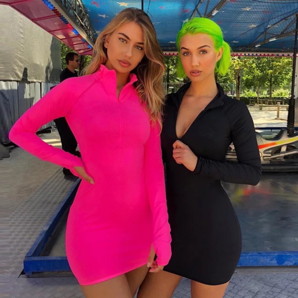 hot pink long sleeve zip up dress